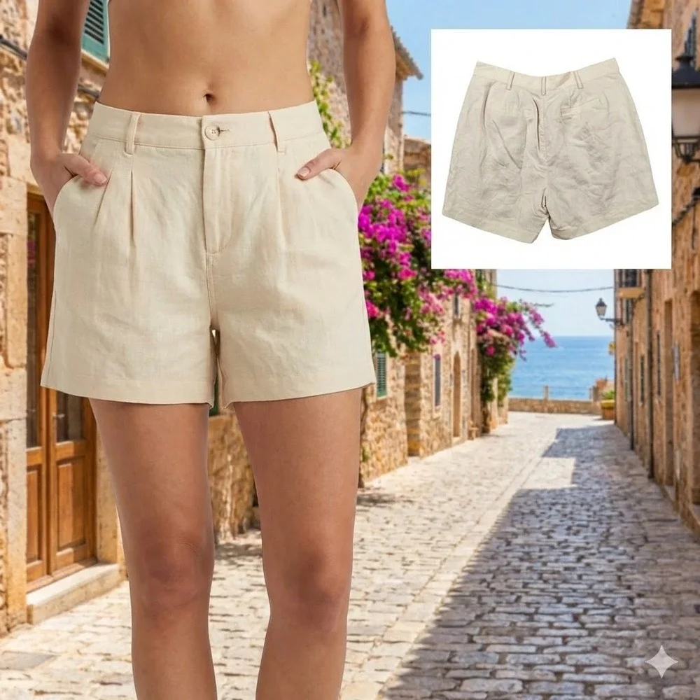 Esqualo Womens Natural Linen Pleated Shorts‎ HS22.17210 Cream Size L NWT